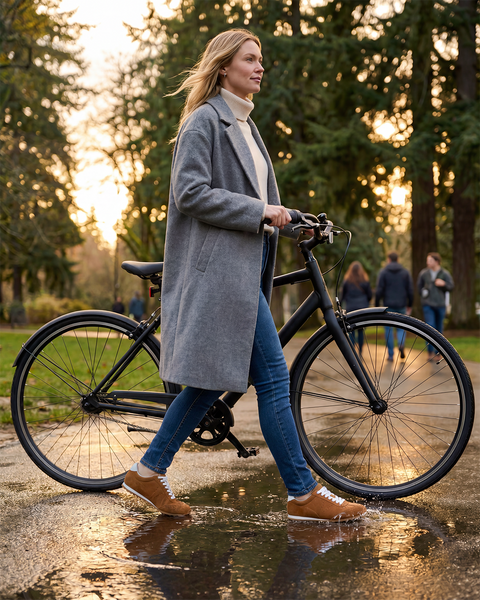 CARMEN Woman walking with a bicycle in a park setting through a puddle in brown suede waterproof sneakers. - thumbnail image 2 of 51