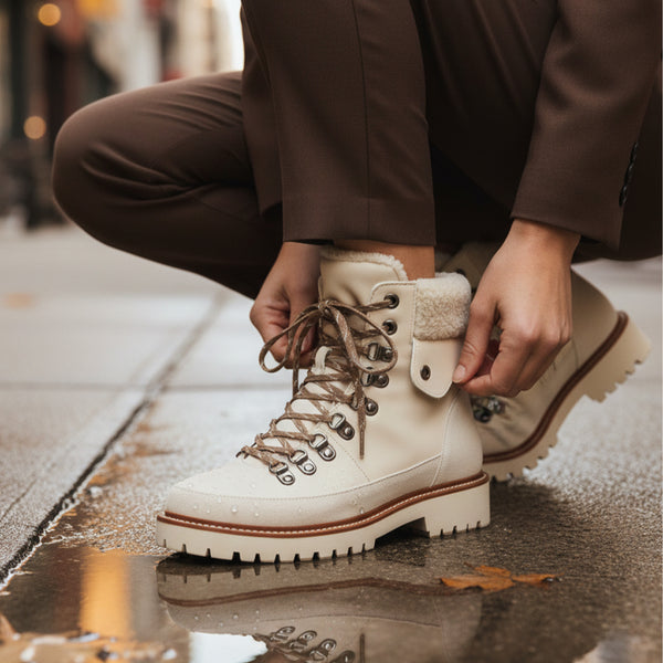 NATASIA A person outdoors on a wet city sidewalk, tying a cream-colored lace-up winter boot with brown laces and silver metal eyelets. The boot has a soft fleece collar and a rugged lug sole. - thumbnail image 4 of 40